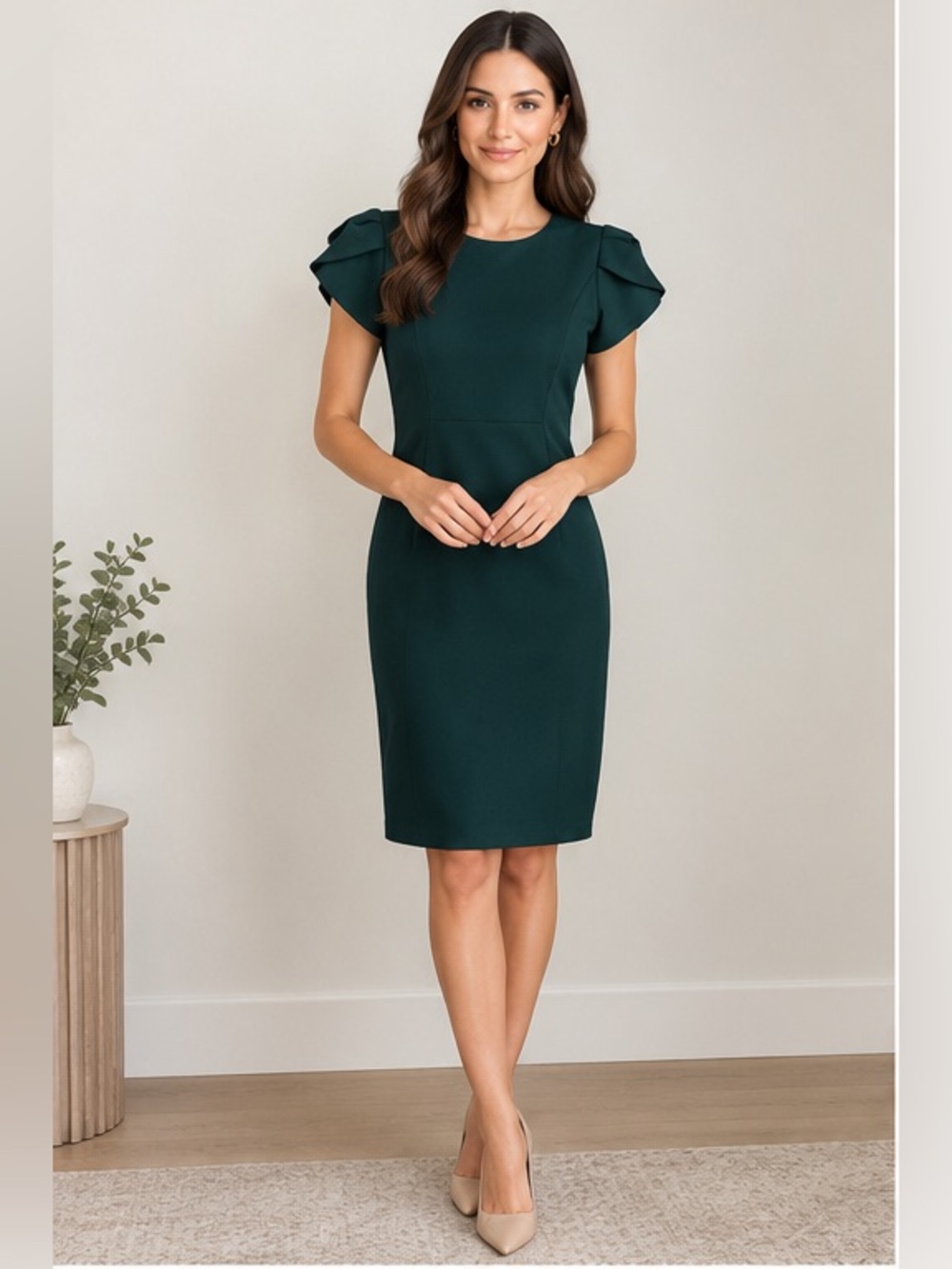 NWT Calvin Klein Green Teal Puff-Sleeve Midi Sheath Dress Size 10